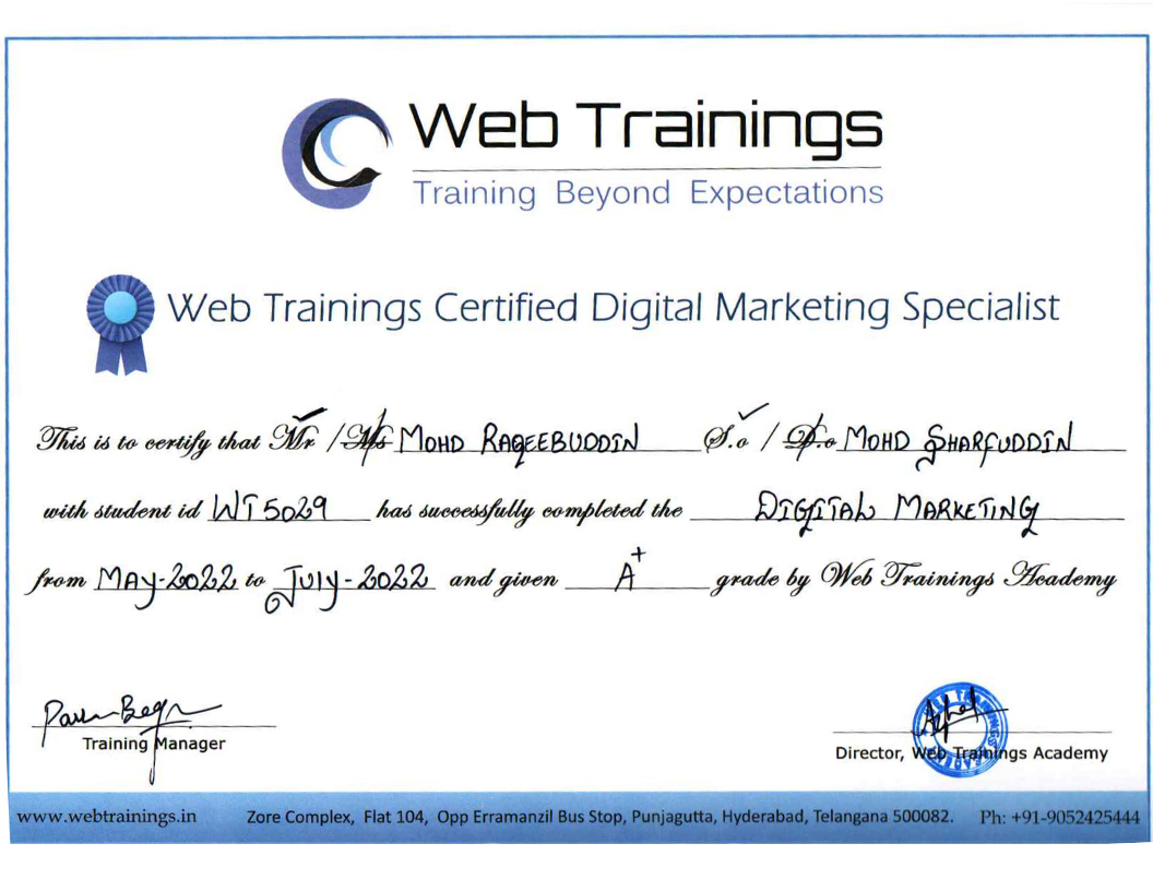 Web Training Course Certificate